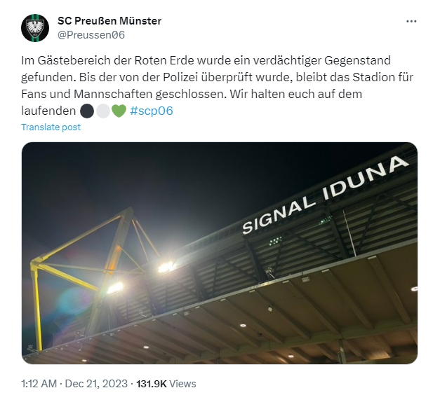 球場(chǎng)出現不明爆炸物:明斯特VS多特2隊德丙比賽被迫推遲